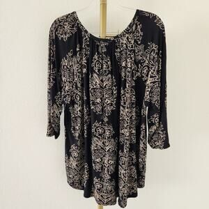 Lucky Brand 3/4 Sleeve Peasant Blouse Womens Size 3X Printed Black Tan